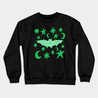 Cute Vampire Bat with Stars and Moons, Green Crewneck Sweatshirt